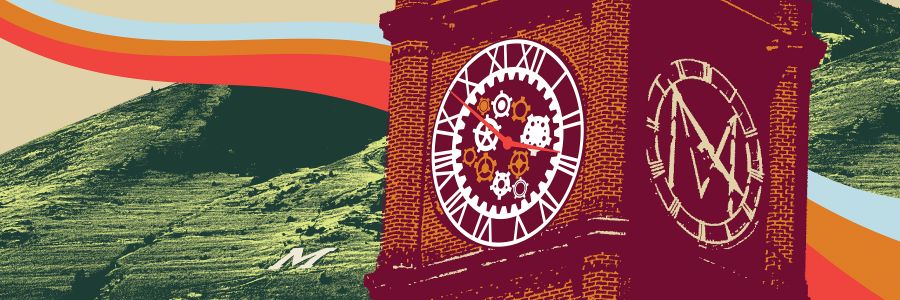 cartoon depiction of the University Hall clock tower with the M trail in the background