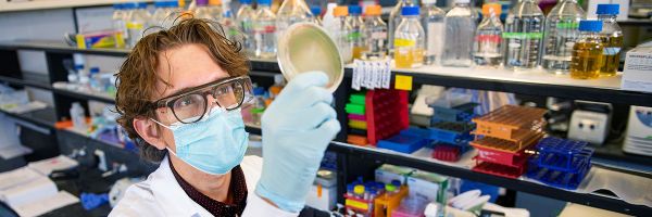 masked person in laboratory safety gear holding up a petri dish in front of shelves filled with supplies