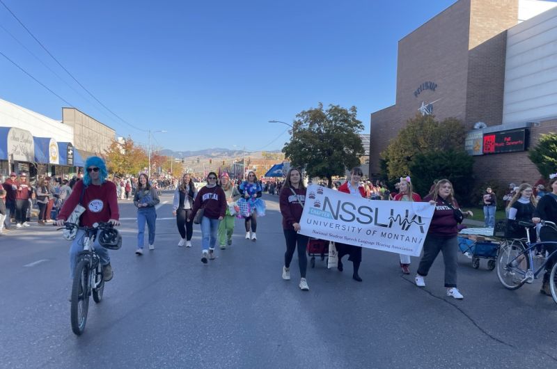a group of students in a parade walk down the street holding a nsslha sign