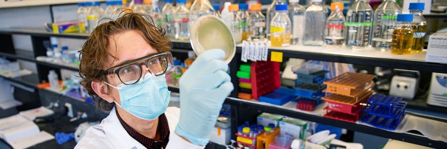 masked person in laboratory safety gear holding up a petri dish in front of shelves filled with supplies