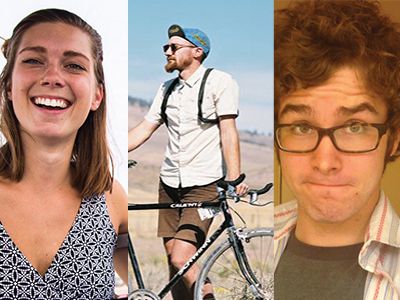 Lucy (left) smiling, Jedd (middle) leaning against a bike in a field, and selfie of Dillon (right)