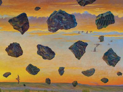 Monte Dolack artwork that shows rocks falling from the sky