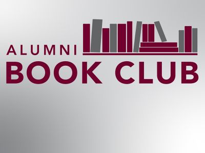 This is a maroon and grey graphic with a pile of books on it that says Alumni Book Club 