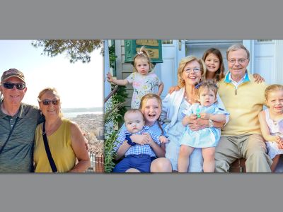 Two photos: In the photo on the left, a man and a woman in their sixties stand on a balcony with the overlook of a city down below. In the next photo, a man and woman around the same age are surrounded by six young grandchildren and are smiling. 