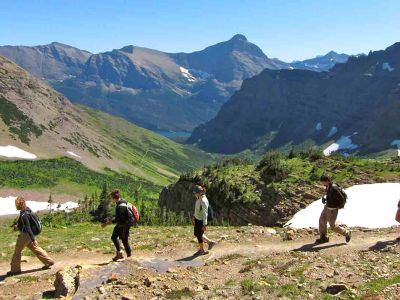 Students walk in Glacier National Park.