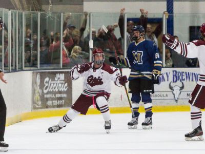 Photo of Griz Hockey player celebrating after scoring a goal