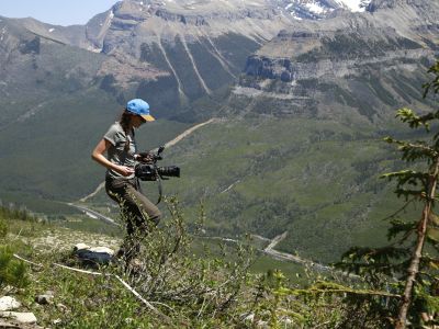 Breanna McCabe, a UM graduate student in Environmental Science and Natural Resource Journalism, films footage in the Canadian Rockies.