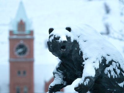 Snow coats the Grizzly Bear statue before Main Hall.