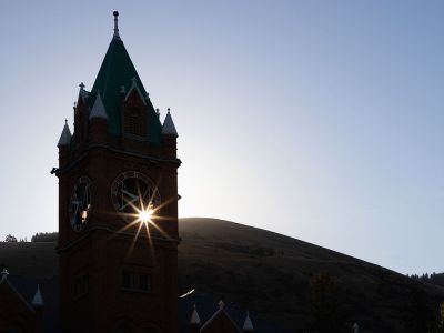 Sunlight glints through the Main Hall clock tower. 