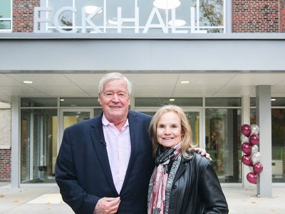 A picture of Dennis and Gretchen Eck before Eck Hall.