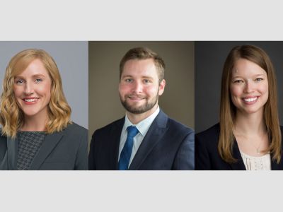 A picture of three new resident physicians: Dr. Taylor Simmons, a third-year resident, and second-year residents Dr. Bryce Roberts and Dr. Emilie McIntyre. 