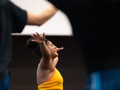 An image of dance senior Julia Duarte in a studio. 