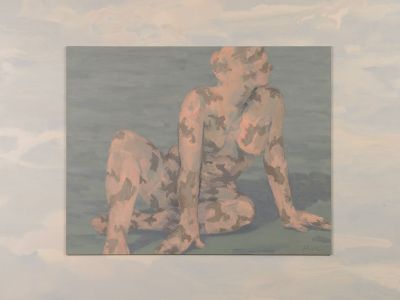 A 2006 painting by Kristi Hager, featuring a nude woman partially covered in camouflage.