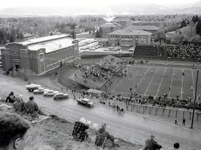 Griz fans in the 'Hillside Club' above Dornblaser Field on the UM campus circa 1967-1968. 