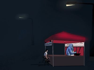 A scene from "Tooth" showing a blue alien preparing ramen for a human customer.. 