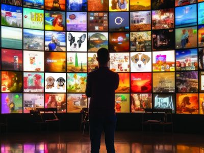 A man looking at a bunch of screens. Some screens show puppies.