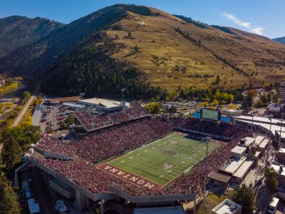 A drone photo of Washington-Grizzly Stadium.
