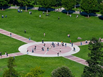 An aerial shot of the UM Oval.