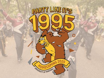 The 2025 UM Homecoming logo over a marching band picture.