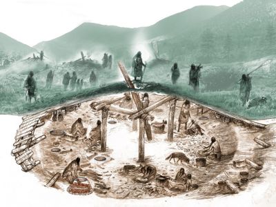 An illustration of a British Columbia pit house.