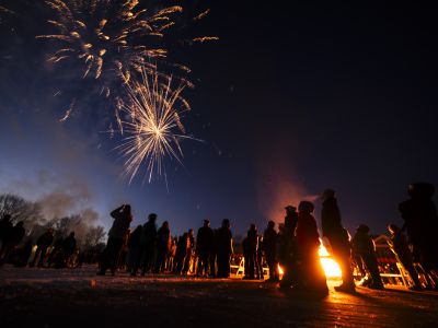 Community members watch the firework display at the Winter Pep Rally at the University of Montana in January 2025.