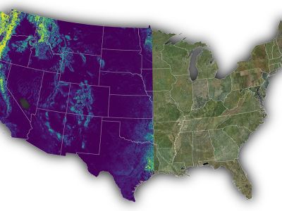 A map of the lower 48 states in the U.S. Half shows tree and shrub elevation.