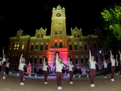 The UM dance team in front of Main Hall 