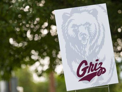 A sign with a Grizzly bear sits in front of tree in town 