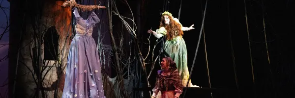 a play on stage with judge and a witness being questions