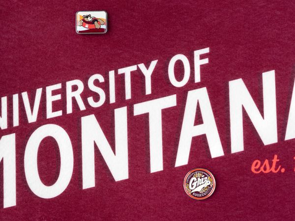 Mission Griz Pins depicting various campus events decorate a felt pennant 