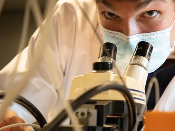 A researcher looks up from a microscope