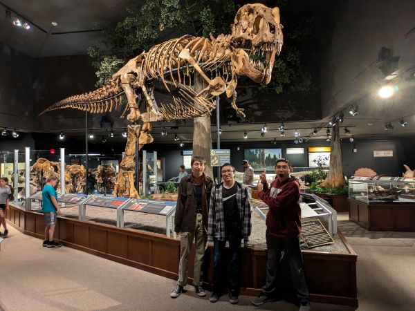 T-Rex skeleton located at the Museum of the Rockies with three of our students posing in front.
