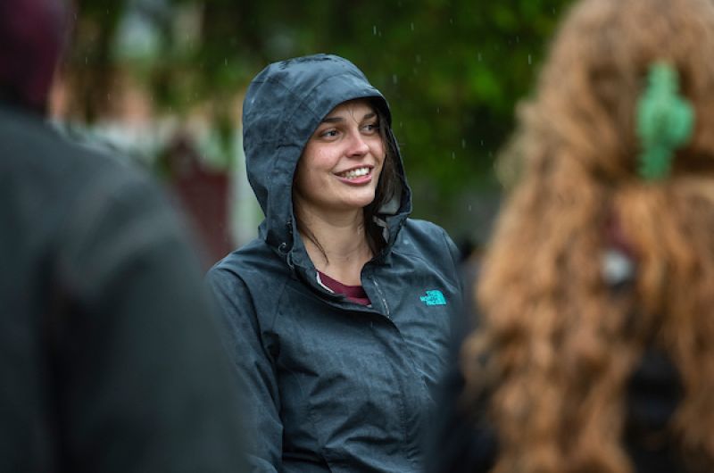 Jacey wearing a rain jacket