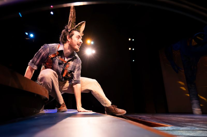Student rehearses a scene onstage for the UM's  School of Visual and Media Arts’ “A Midsummer Night's Dream”