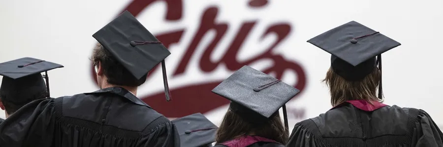 A group of graduates hug with their backs to the camera in their cap and gowns.