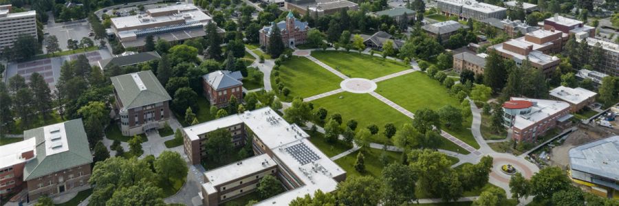 aerial view of campus with a focus on University Hall and the oval